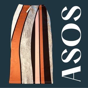NWT ASOS color block Vertical Stripe Midi Skirt in Rust, Black, Pink & White. 0